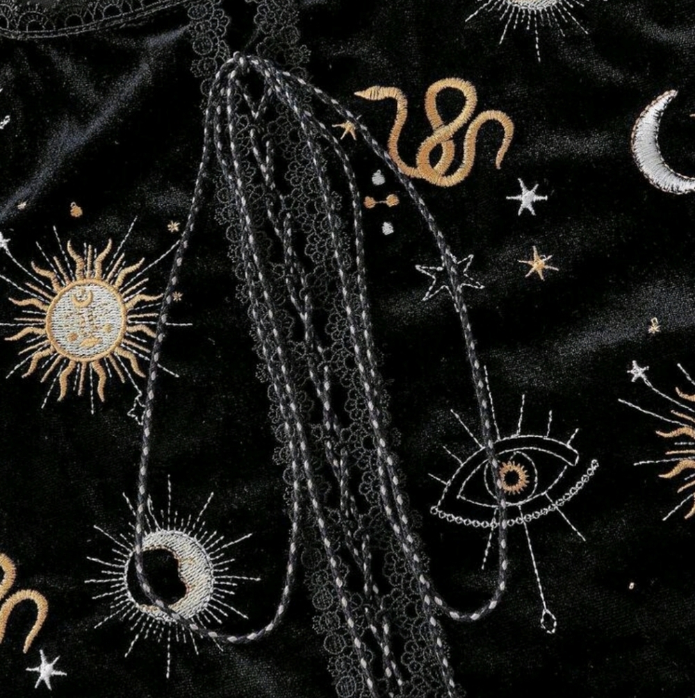 NEW Black Velvet Embroidered Lace-Up Crop Tank with Celestial Motif - Picture 2 of 5